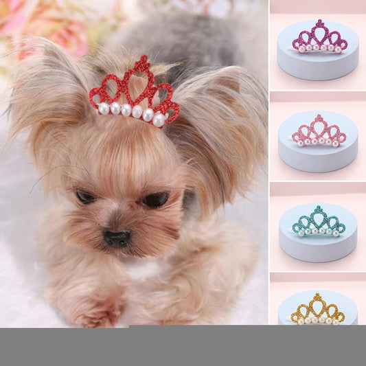Pet Small Dogs Cat Faux Pearl Crown Shape Bows Hair Clips