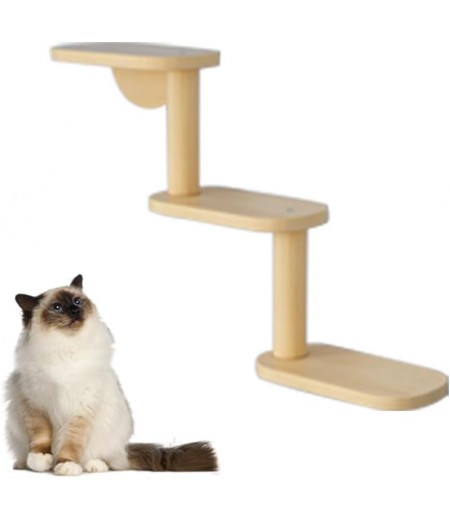 NeoStyle Cat Wall Shelf, Cat Wall Furniture Set and Wall Perch, Floating Cat Wooden Climbing Furniture with 4 Cat Shelves, 2 Cat Houses, 2 Ladders and 1 Cat Scratching Post (Stairs (3 levels))