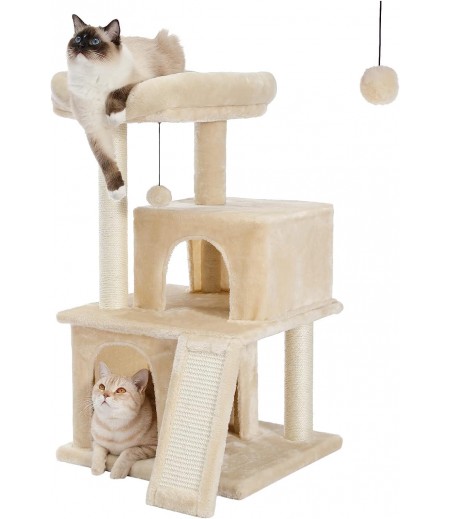 LOYAL RAIN Cat Tree Luxury Cat Tower with Double Condos, Spacious Perch, Fully Wrapped Scratching Sisal Post and Replaceable Dangling Balls 86 CM (Beige)
