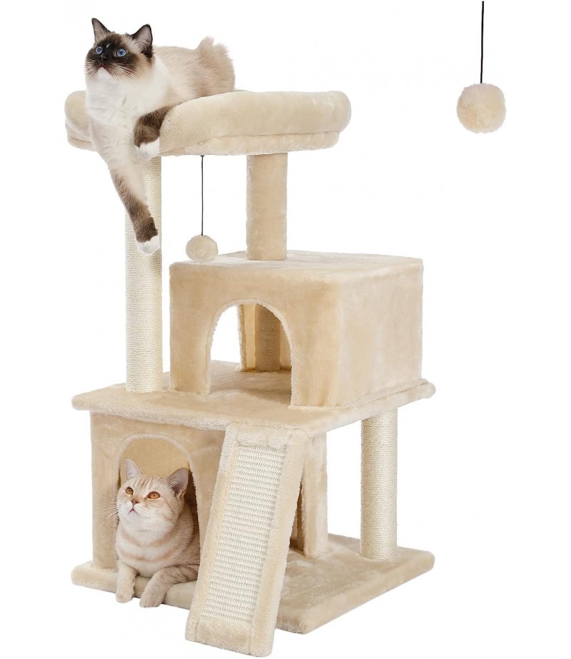 LOYAL RAIN Cat Tree Luxury Cat Tower with Double Condos, Spacious Perch, Fully Wrapped Scratching Sisal Post and Replaceable Dangling Balls 86 CM (Beige)