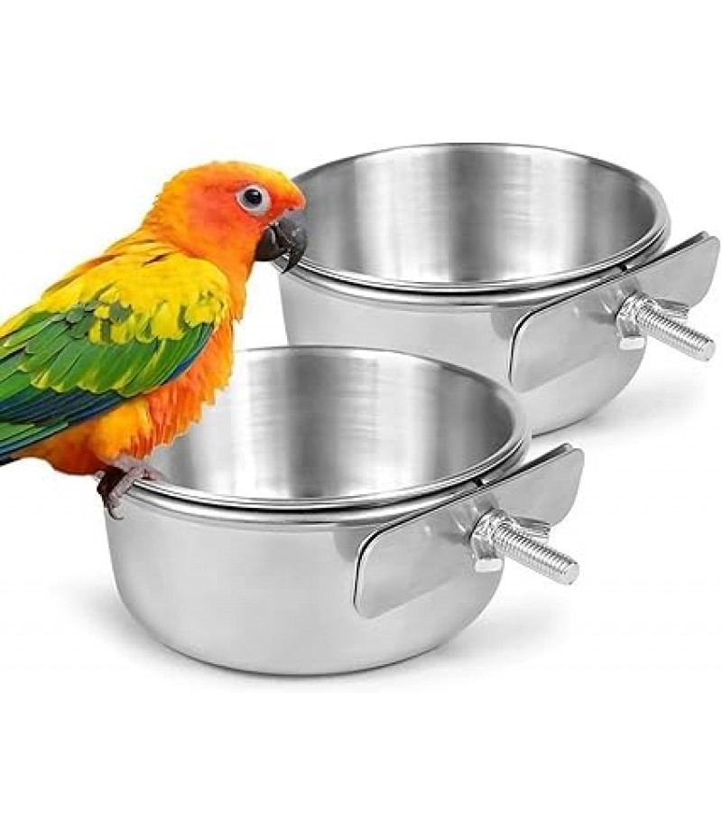 Beauenty 2 Pcs Small Bird Feeding Dish Cups,Parrot Food Bowl Cage with Clamp Holder Stainless Steel,Birdcage Coop Water Feeder for Cockatiel Parakeet Macaw Finches Lovebirds Small Animals