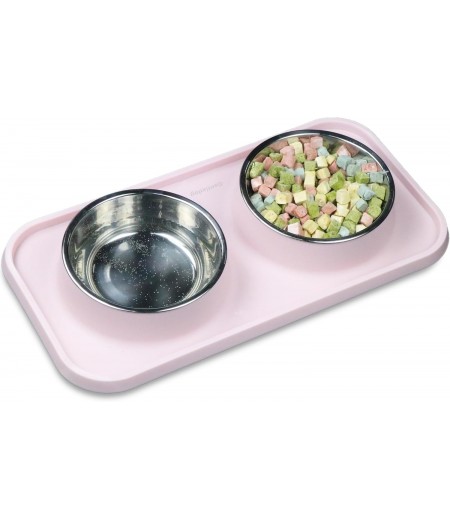 BIGTHREE Double Dog Food Bowls, Cat Food Bowls, Stainless Steel Dog Food and Water Bowls with Non-Spill Plastic Mat Pet Cat Feeder Bowl Set for Puppy Cats Kitten (Pink)