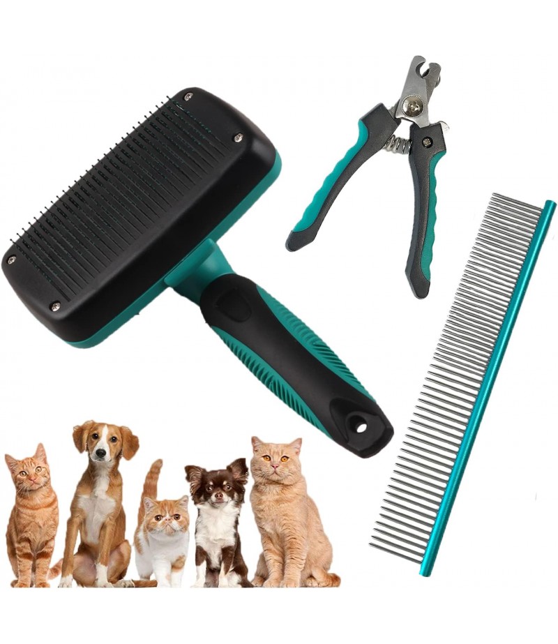 NeoStyle 3PCS Pet Self-Cleaning Grooming Brush Kit,Cat Grooming Kit,Dog Brush Comb,For Cats and Dogs With All Hair Types + Free Pet Nail Clippers and Free Kit
