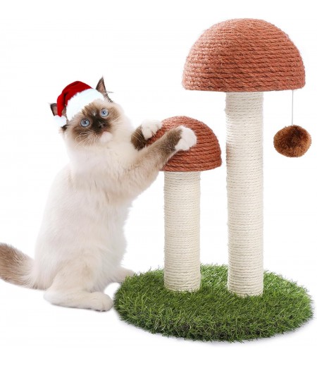 LOYAL RAIN Cat Scratching Post, Mushroom Tall Cat Scratcher Featuring with Natural Sisal Scratching Poles and Interactive Toy Ball for Kittens and Small Cats