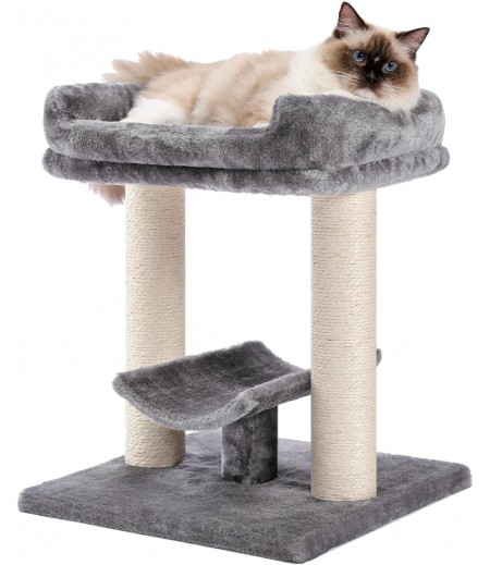 LOYAL RAIN 48cm Cat Scratching Post, Cat Tree Tower, 100% Natural Sisal Cat Scratcher with Large Plush Top Perch Bed, Cozy Cat Platform for Kittens and Cats
